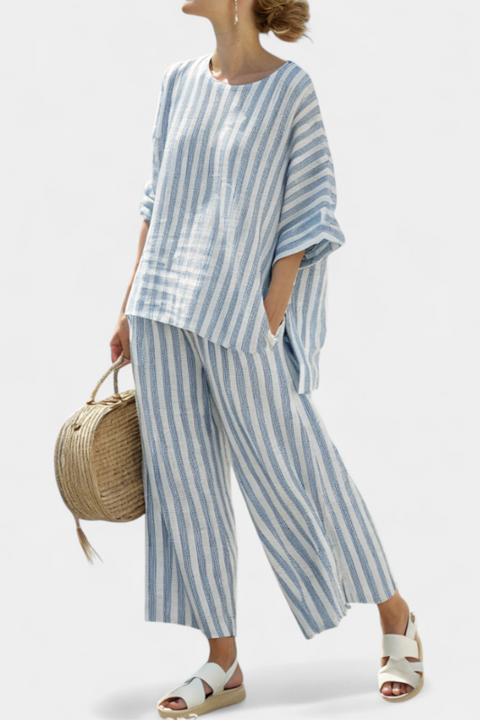 Kate – Sophisticated Blue Striped Linen Top and Relaxed Trousers