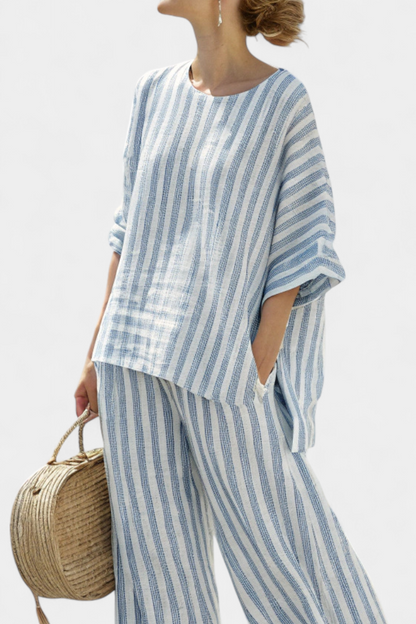 Kate – Sophisticated Blue Striped Linen Top and Relaxed Trousers