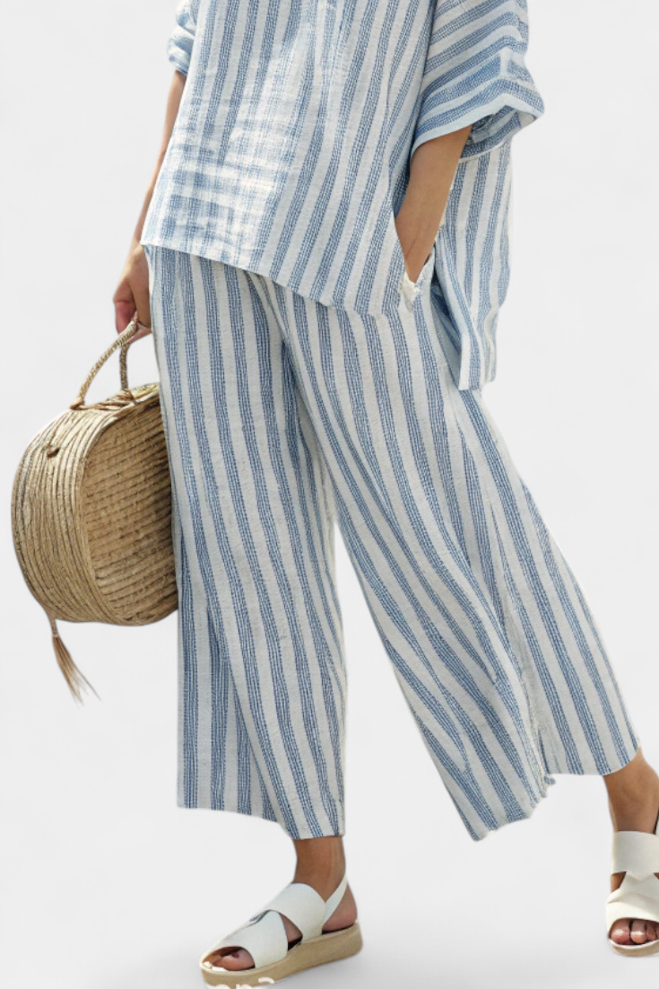 Kate – Sophisticated Blue Striped Linen Top and Relaxed Trousers