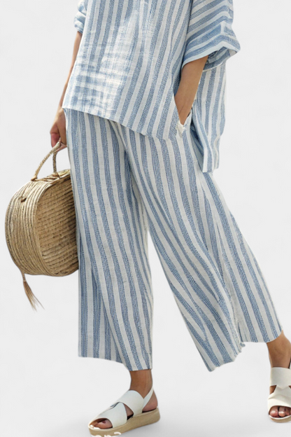 Kate – Sophisticated Blue Striped Linen Top and Relaxed Trousers