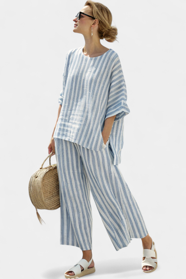 Kate – Sophisticated Blue Striped Linen Top and Relaxed Trousers