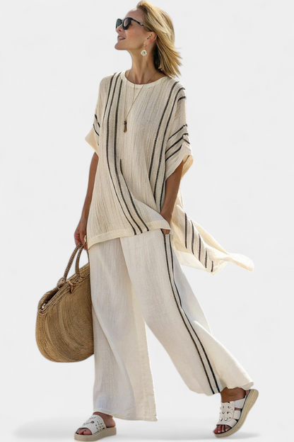 Isla – Elegant Ivory Linen Blouse and Black Striped Trousers