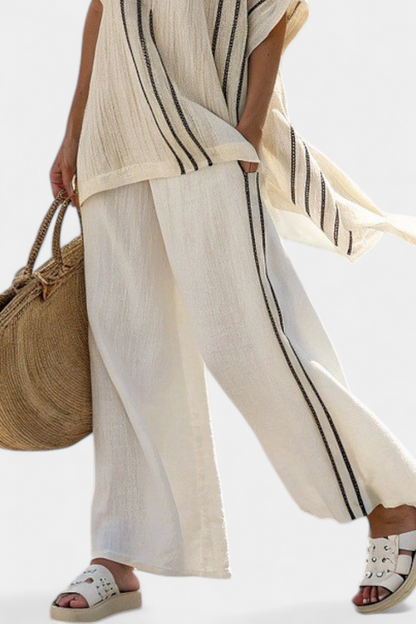 Isla – Elegant Ivory Linen Blouse and Black Striped Trousers