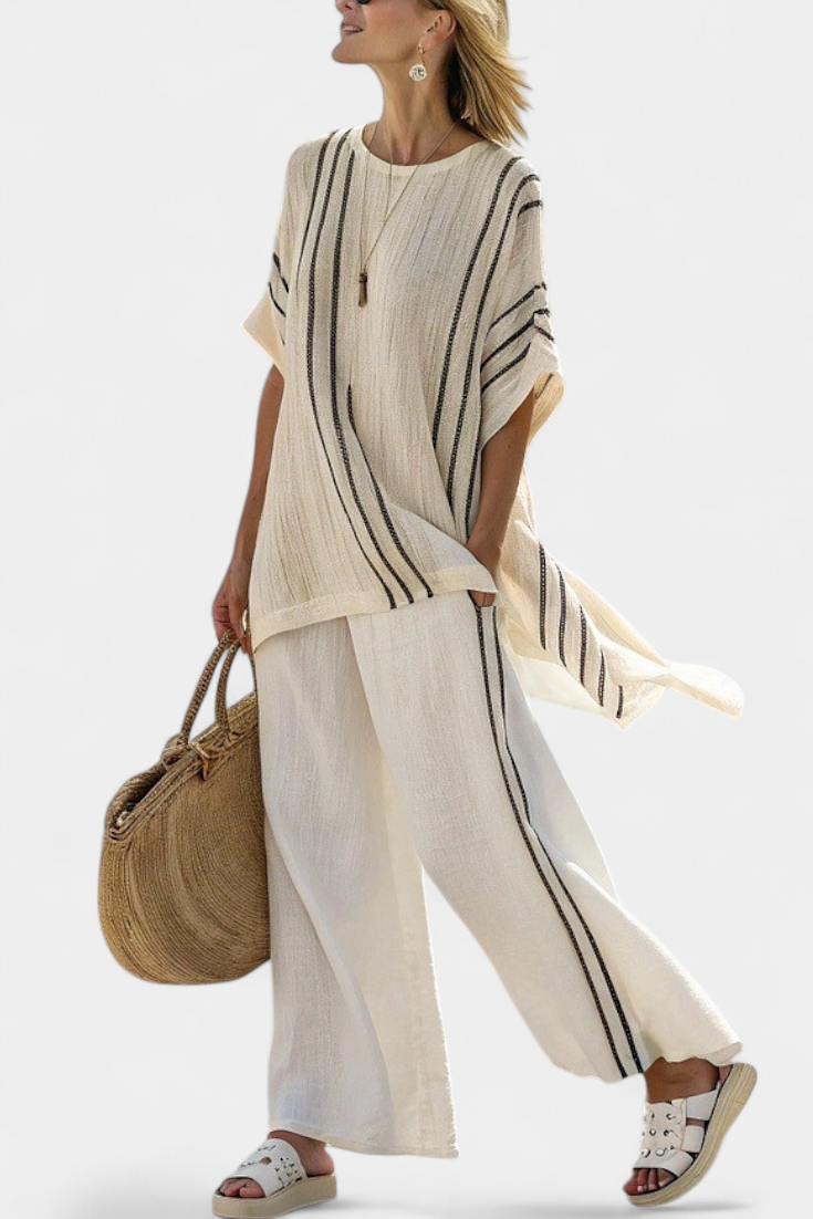Isla – Elegant Ivory Linen Blouse and Black Striped Trousers
