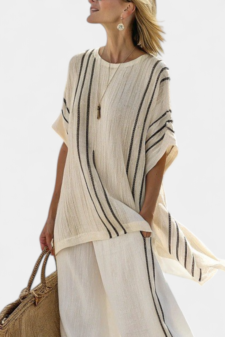 Isla – Elegant Ivory Linen Blouse and Black Striped Trousers