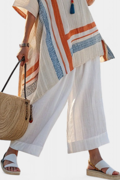 Belle – Sophisticated Asymmetric Blouse and Wide-leg Linen Trousers