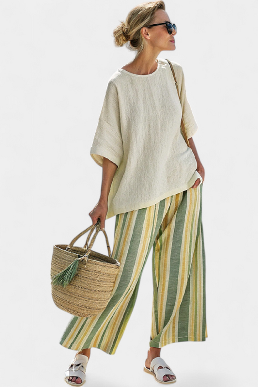 Eleanor – Sophisticated Top and Striped Linen Trousers
