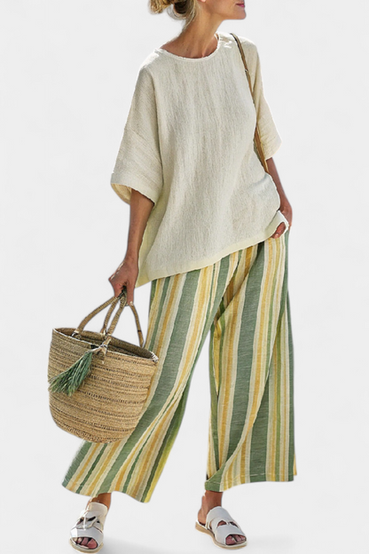 Eleanor – Sophisticated Top and Striped Linen Trousers