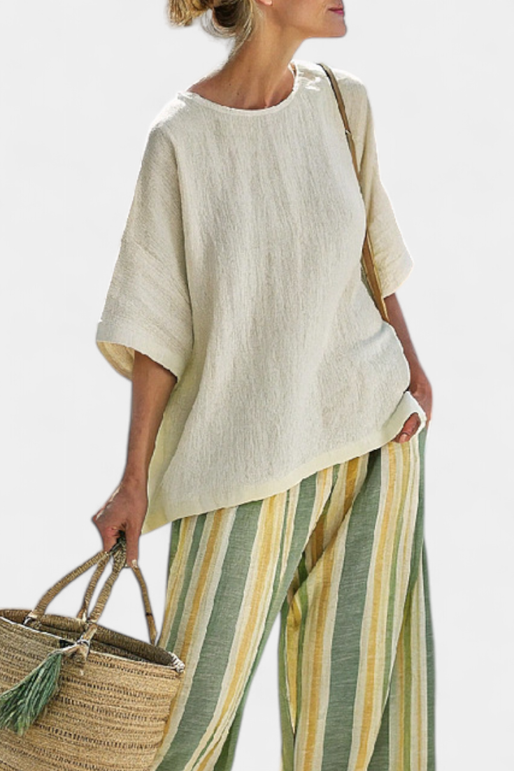 Eleanor – Sophisticated Top and Striped Linen Trousers