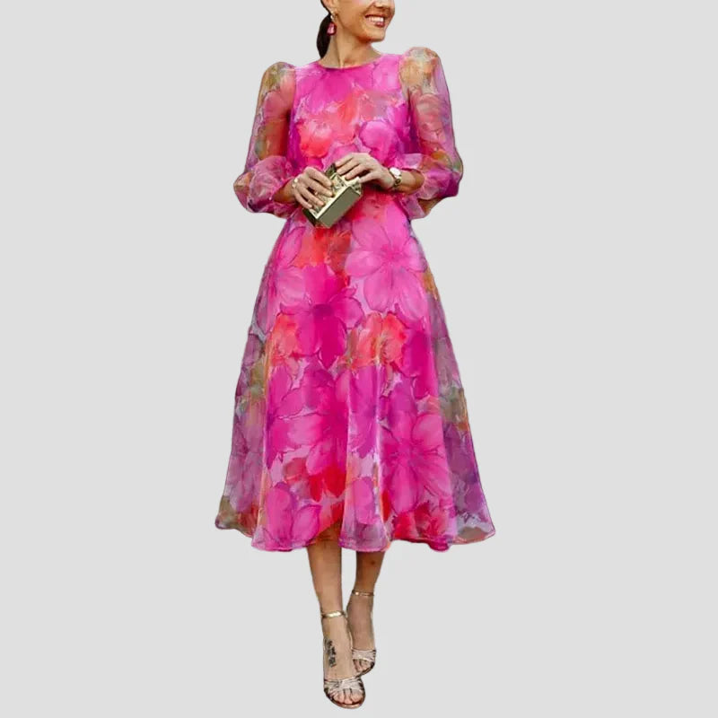 ARIA - Wedding Guest Dress, Floral Print Midi Dress for Women, Pink & Blue