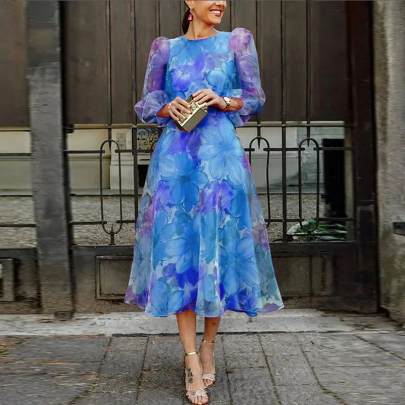 ARIA - Wedding Guest Dress, Floral Print Midi Dress for Women, Pink & Blue