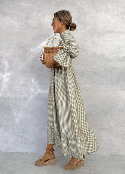 Elona™ | Gingham Midi Dress with Long Sleeves