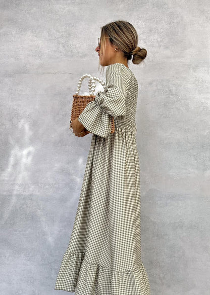 Elona™ | Gingham Midi Dress with Long Sleeves