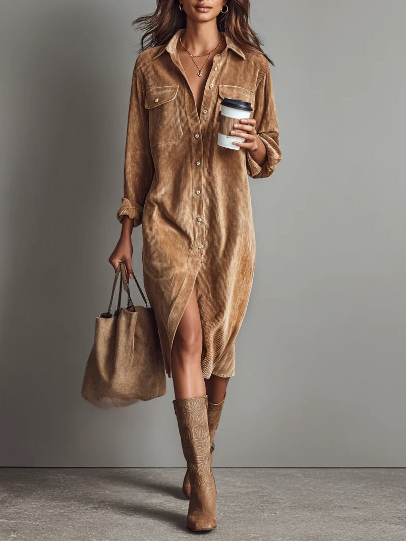 CHEY - CORDUROY SHIRT MIDI DRESS - EFFORTLESS STYLE FOR EVERYDAY WEAR