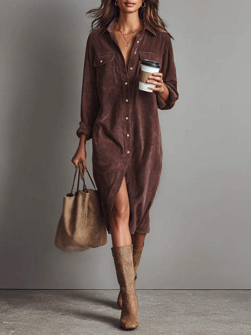 CHEY - CORDUROY SHIRT MIDI DRESS - EFFORTLESS STYLE FOR EVERYDAY WEAR