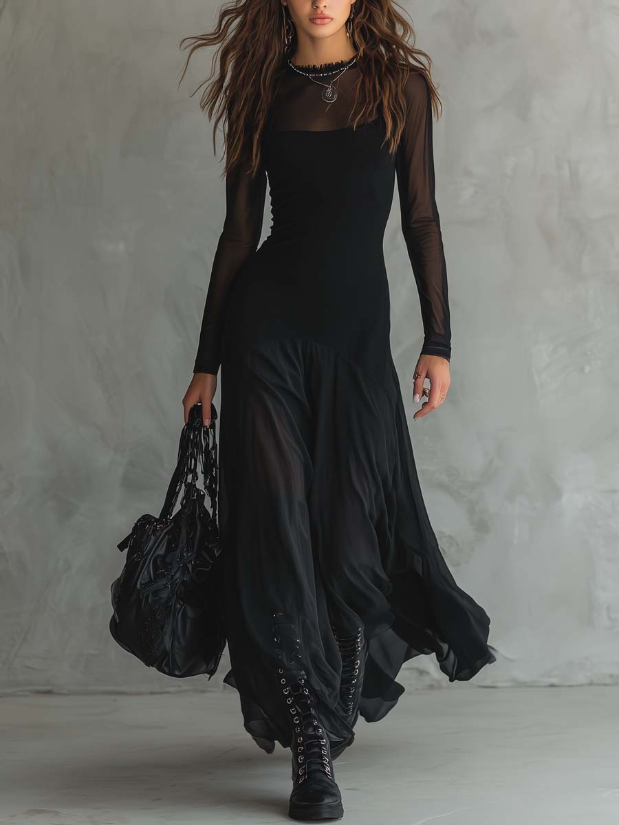 HANNAH - RETRO SHEER SLEEVES MAXI DRESS