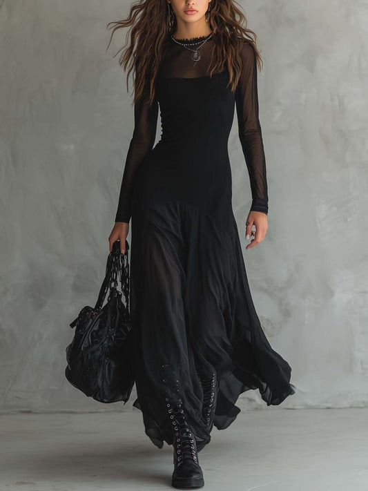 HANNAH - RETRO SHEER SLEEVES MAXI DRESS