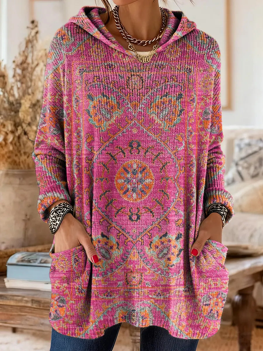Annie - Retro Ethnic Print Hooded Knit Tunic with Pockets