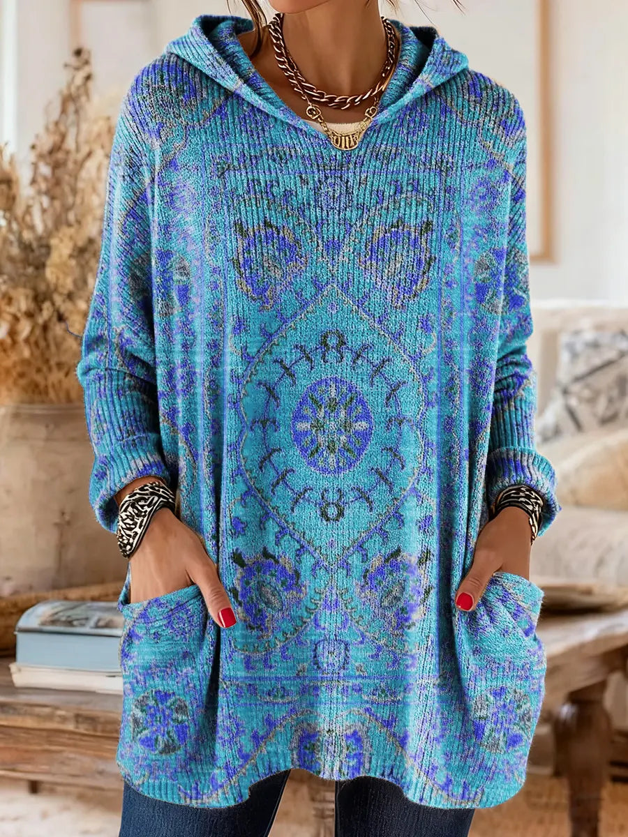 Annie - Retro Ethnic Print Hooded Knit Tunic with Pockets