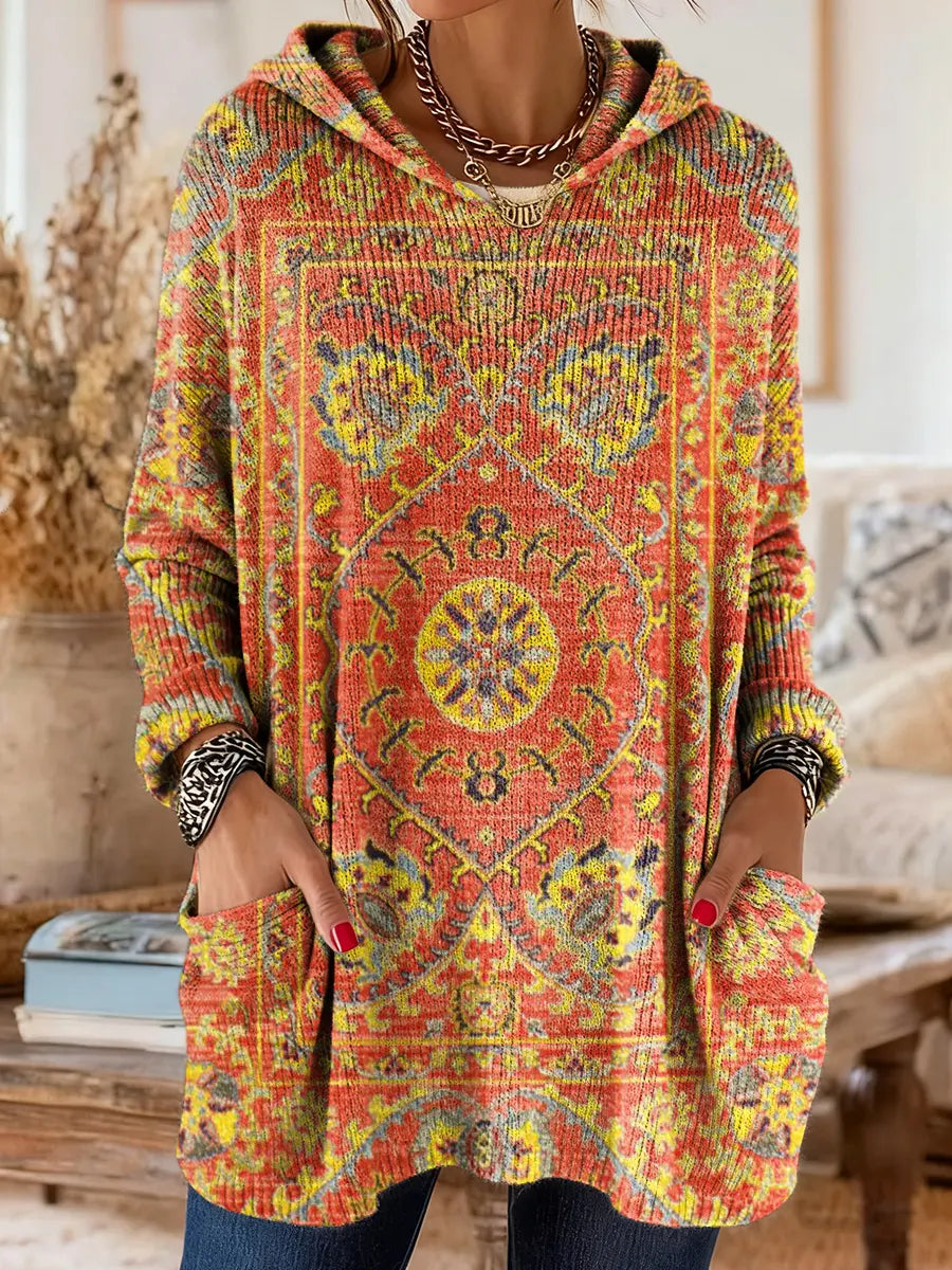 Annie - Retro Ethnic Print Hooded Knit Tunic with Pockets