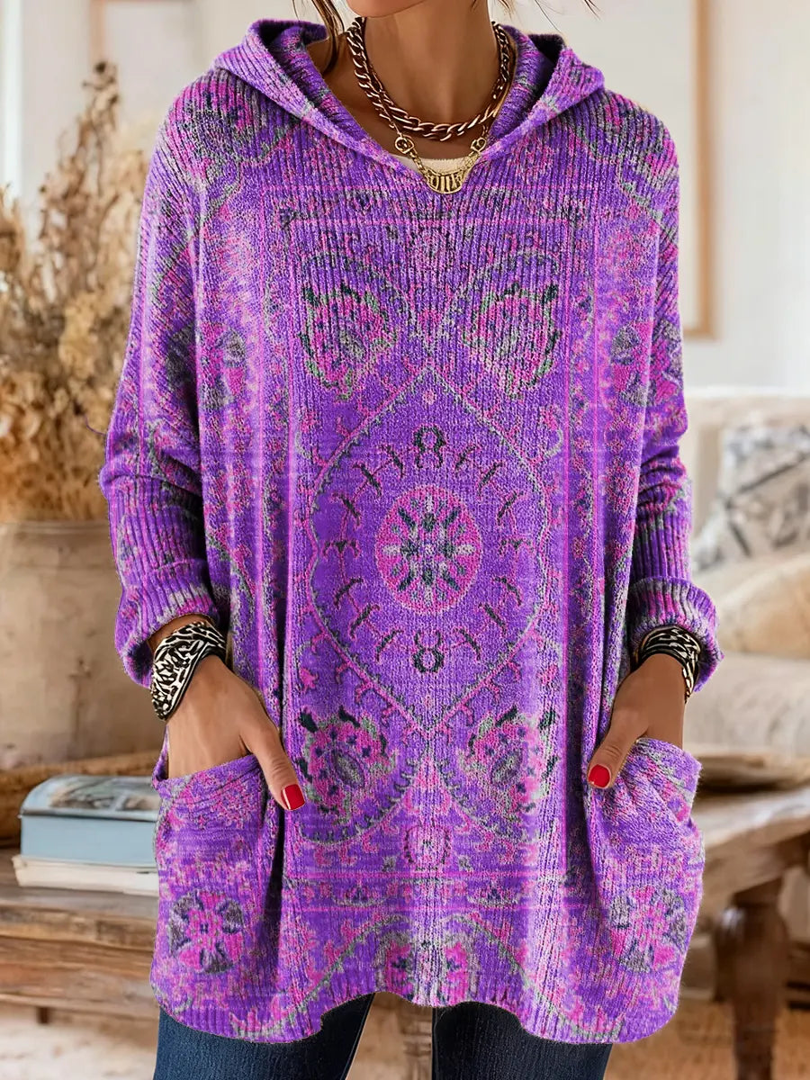 Annie - Retro Ethnic Print Hooded Knit Tunic with Pockets