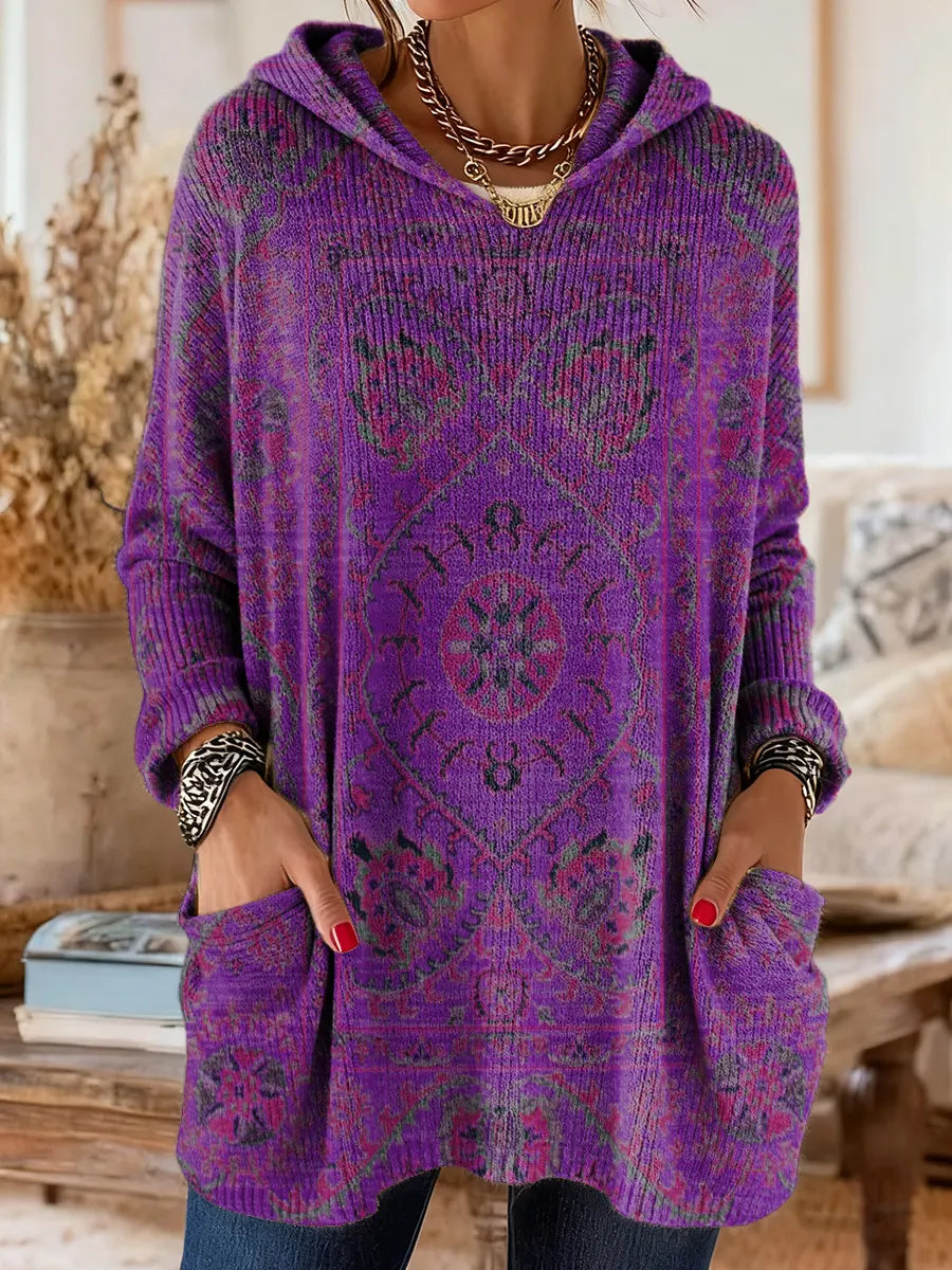 Annie - Retro Ethnic Print Hooded Knit Tunic with Pockets