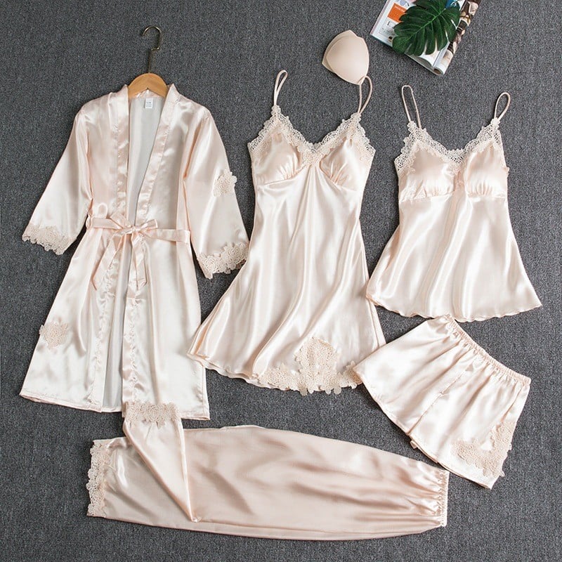REBECCA - 5-PIECE SILK LACE NIGHTWEAR SET