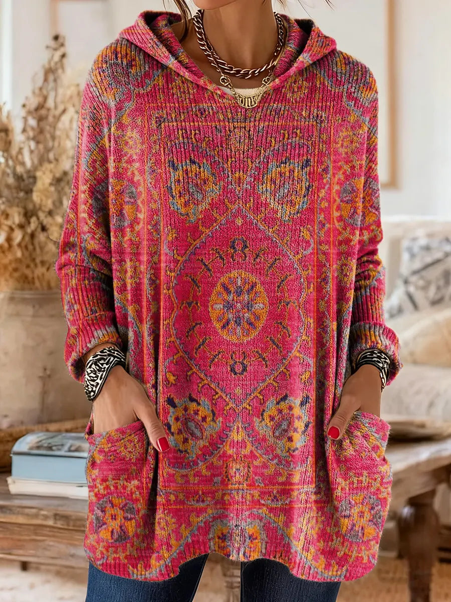 Annie - Retro Ethnic Print Hooded Knit Tunic with Pockets