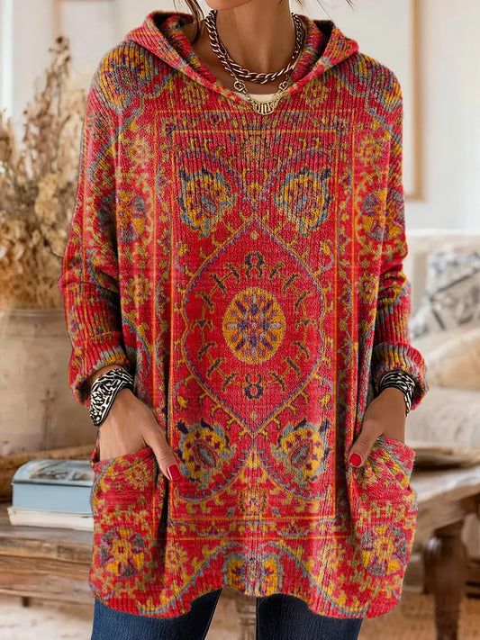 Annie - Retro Ethnic Print Hooded Knit Tunic with Pockets