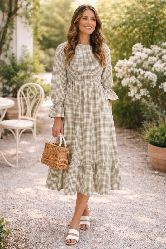 Elona™ | Gingham Midi Dress with Long Sleeves