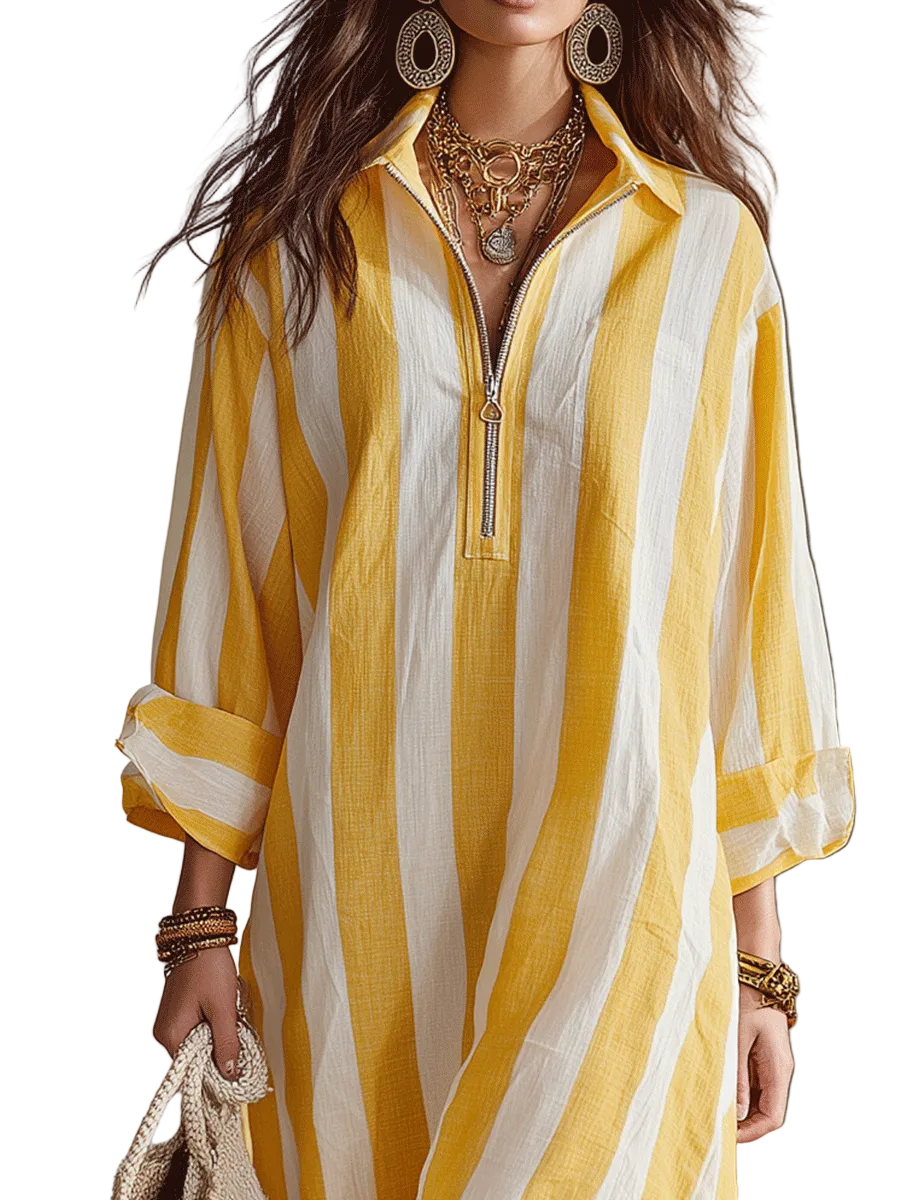 ASHLEY - RELAXED STRIPED RESORT YELLOW & WHITE STRIPE MIDI DRESS