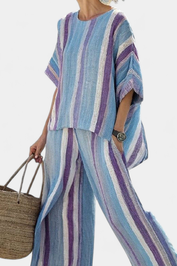 Ivy – Elegant Pastel Mauve Top and Striped Linen Trousers
