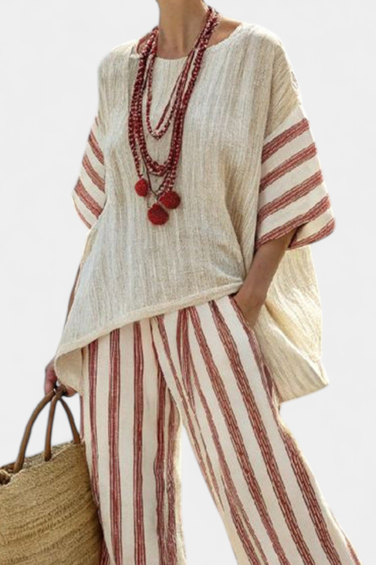 Natalie – Elegant Rustic Striped Top and Cream linen Trousers