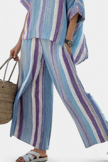 Ivy – Elegant Pastel Mauve Top and Striped Linen Trousers