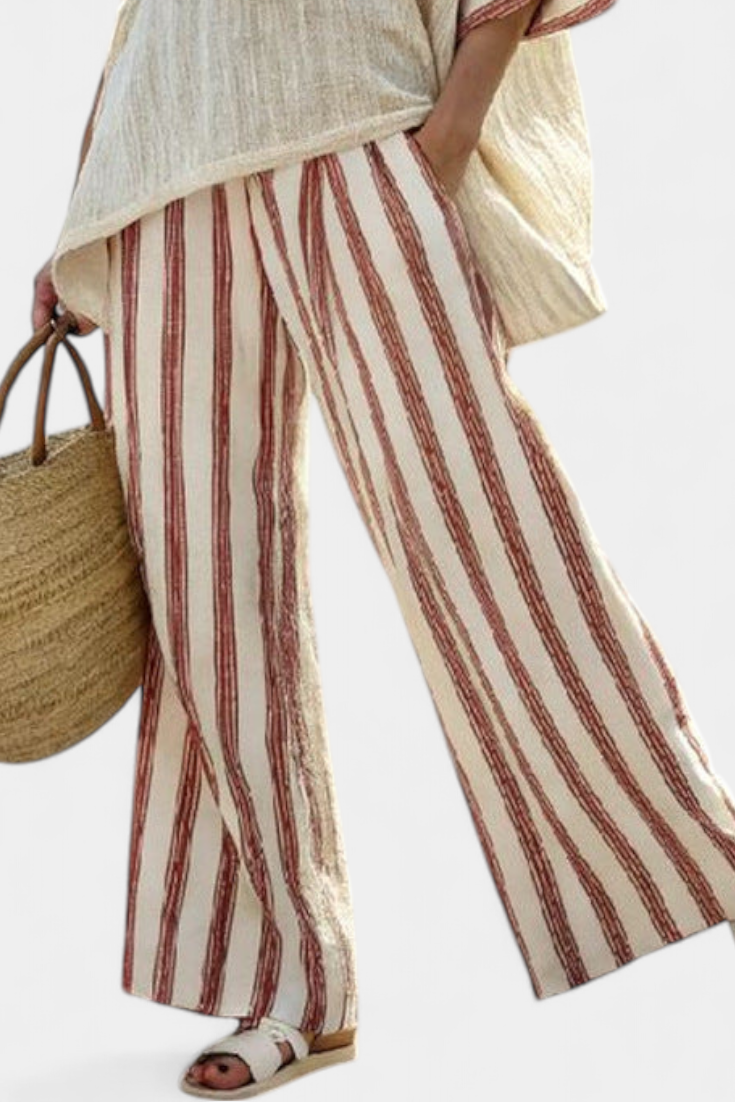 Natalie – Elegant Rustic Striped Top and Cream linen Trousers