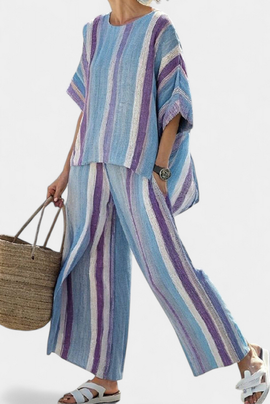 Ivy – Elegant Pastel Mauve Top and Striped Linen Trousers