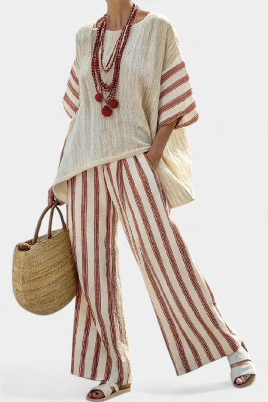 Natalie – Elegant Rustic Striped Top and Cream linen Trousers