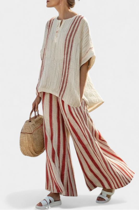 Sylvie – Red Striped Structured Top and Linen Trousers